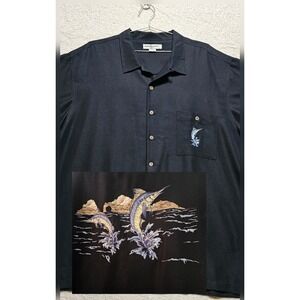 HOOK & TACKLE Men 2XL Black MARLIN Embroidered pocket and back Camp‎ Shirt EUC
